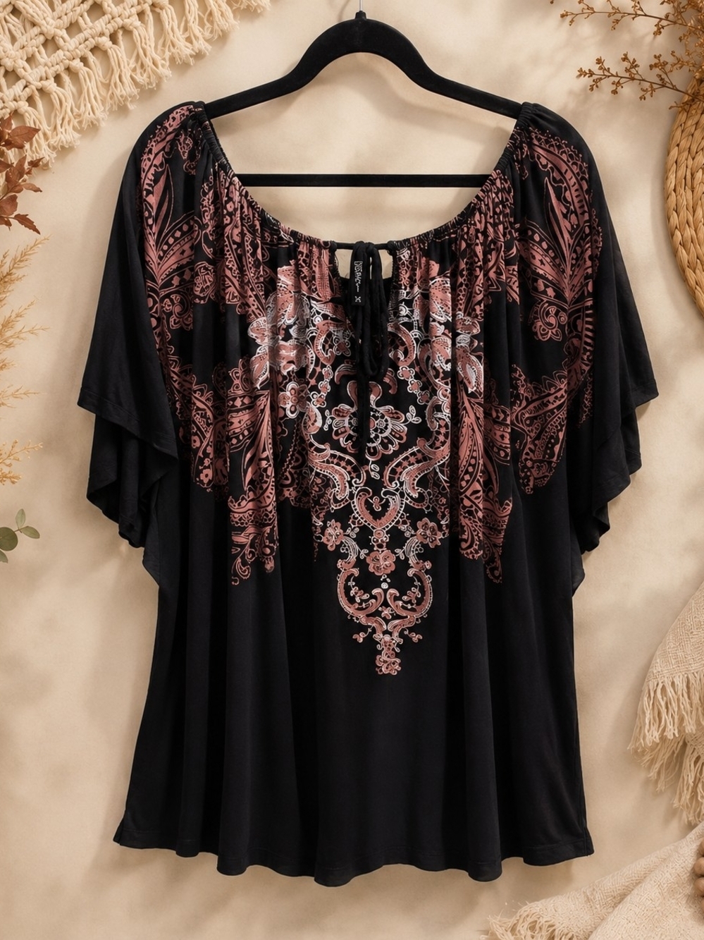 Edista by Angeles 3X Black Dusty Rose Paisley Boho Peasant Top